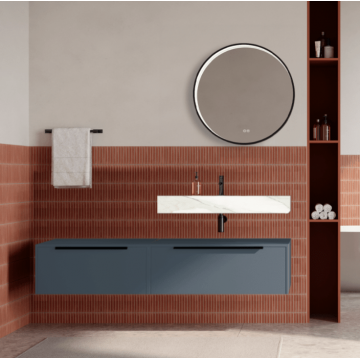 Set mobilier baie suspendat albastru mat, lavoar alb si oglinda rotunda, manere negre, 140 cm, SaviniDue Iconica