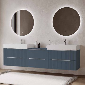 Set mobilier baie suspendat albastru mat, lavoar dublu alb mat pe blat și 2 oglinzi, cu riflaje Cannetatto, 220 cm, SaviniDue Iconica