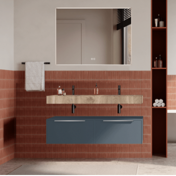 Set mobilier baie suspendat albastru mat, lavoar imitatie lemn si oglinda, manere din otel inoxidabil, 120 cm, SaviniDue Iconica