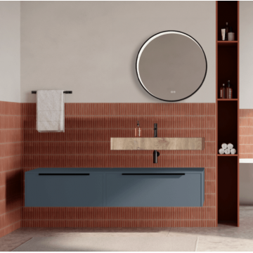 Set mobilier baie suspendat albastru mat, lavoar imitatie lemn si oglinda rotunda, manere negre, 140 cm, SaviniDue Iconica