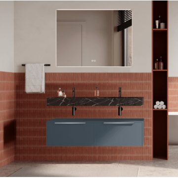 Set mobilier baie suspendat albastru mat, lavoar negru si oglinda, manere din otel inoxidabil, 120 cm, SaviniDue Iconica