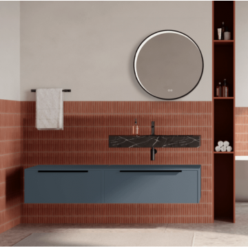 Set mobilier baie suspendat albastru mat, lavoar negru si oglinda rotunda, manere negre, 140 cm, SaviniDue Iconica