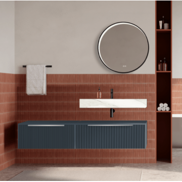 Set mobilier baie suspendat albastru mat, riflaje Cannetatto, lavoar alb si oglinda rotunda, manere din otel inoxidabil, 140 cm, SaviniDue Iconica