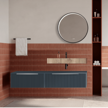 Set mobilier baie suspendat albastru mat, riflaje Cannetatto, lavoar imitatie lemn si oglinda rotunda, manere din otel inoxidabil, 140 cm, SaviniDue Iconica