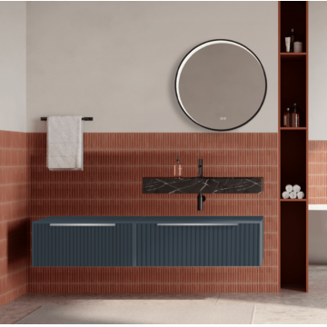 Set mobilier baie suspendat albastru mat, riflaje Cannetatto, lavoar negru si oglinda rotunda, manere din otel inoxidabil, 140 cm, SaviniDue Iconica