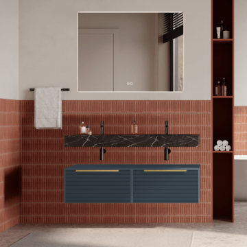 Set mobilier baie suspendat albastru mat, riflaje Dogato, lavoar negru si oglinda, manere aurii, 120 cm, SaviniDue Iconica