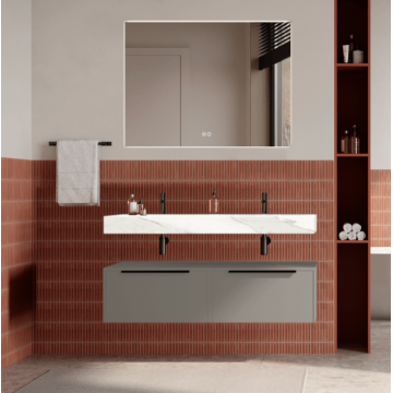 Set mobilier baie suspendat bej, lavoar alb si oglinda, manere negre, 120 cm, SaviniDue Iconica