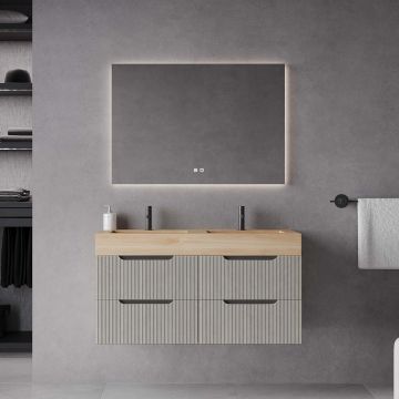 Set mobilier baie suspendat bej, lavoar HPL imitatie lemn și oglindă, 120 cm, riflaj Cannetatto SaviniDue Comfort