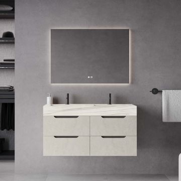Set mobilier baie suspendat bej, lavoar HPL imitatie marmura alba și oglindă, 120 cm, SaviniDue Comfort
