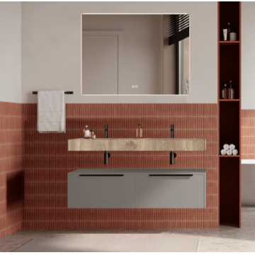 Set mobilier baie suspendat bej, lavoar imitatie lemn si oglinda, manere negre, 120 cm, SaviniDue Iconica