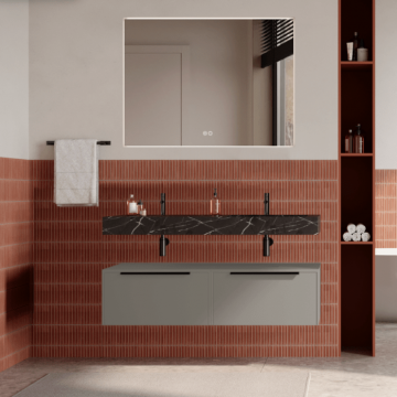 Set mobilier baie suspendat bej, lavoar negru si oglinda, manere negre, 120 cm, SaviniDue Iconica