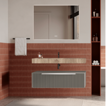 Set mobilier baie suspendat bej mat, cu riflaje Plissetatto, lavoar imitatie lemn și oglinda, manere crom, 100 cm, SaviniDue Iconica