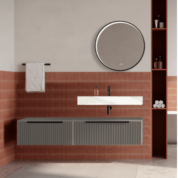 Set mobilier baie suspendat bej, riflaje Cannetatto, lavoar alb si oglinda rotunda, manere negre, 140 cm, SaviniDue Iconica