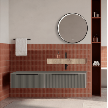 Set mobilier baie suspendat bej, riflaje Cannetatto, lavoar imitatie lemn si oglinda rotunda, manere negre, 140 cm, SaviniDue Iconica