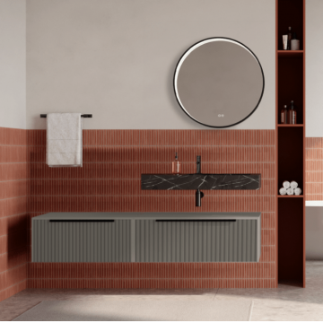 Set mobilier baie suspendat bej, riflaje Cannetatto, lavoar negru si oglinda rotunda, manere negre, 140 cm, SaviniDue Iconica