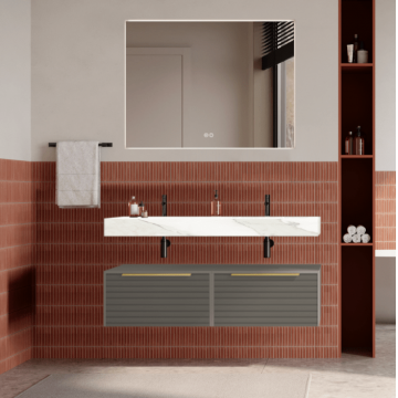 Set mobilier baie suspendat bej, riflaje Dogato, lavoar alb și oglinda, manere aurii, 120 cm, SaviniDue Iconica