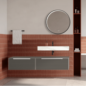 Set mobilier baie suspendat bej, riflaje Dogato, lavoar alb si oglinda rotunda, manere albe, 140 cm, SaviniDue Iconica
