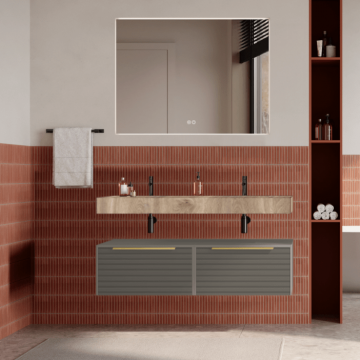 Set mobilier baie suspendat bej, riflaje Dogato, lavoar imitatie lemn si oglinda, manere aurii, 120 cm, SaviniDue Iconica