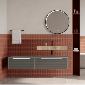 Set mobilier baie suspendat bej, riflaje Dogato, lavoar imitatie lemn si oglinda rotunda, manere albe, 140 cm, SaviniDue Iconica