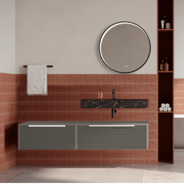 Set mobilier baie suspendat bej, riflaje Dogato, lavoar negru si oglinda rotunda, manere albe, 140 cm, SaviniDue Iconica