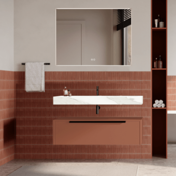 Set mobilier baie suspendat caramiziu, lavoar alb și oglinda, manere negre, 100 cm, SaviniDue Iconica