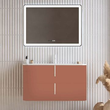 Set mobilier baie suspendat caramiziu, lavoar alb mat, oglinda, 100 cm, SaviniDue Lyra