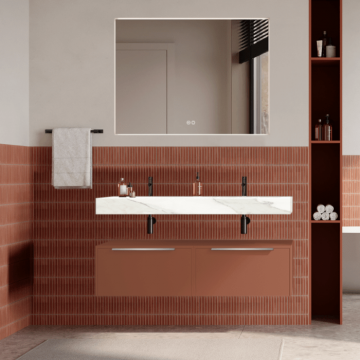 Set mobilier baie suspendat caramiziu, lavoar alb si oglinda, manere din otel inoxidabil, 120 cm, SaviniDue Iconica