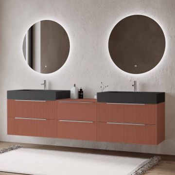 Set mobilier baie suspendat caramiziu, lavoar dublu negru mat pe blat și 2 oglinzi, cu riflaje Cannetatto, 220 cm, SaviniDue Iconica