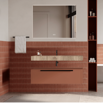 Set mobilier baie suspendat caramiziu, lavoar imitatie lemn și oglinda, manere negre, 100 cm, SaviniDue Iconica