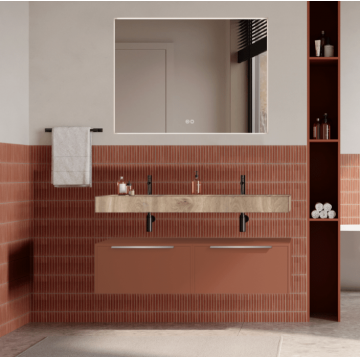 Set mobilier baie suspendat caramiziu, lavoar imitatie lemn si oglinda, manere din otel inoxidabil, 120 cm, SaviniDue Iconica