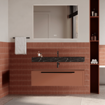 Set mobilier baie suspendat caramiziu, lavoar negru și oglinda, manere negre, 100 cm, SaviniDue Iconica