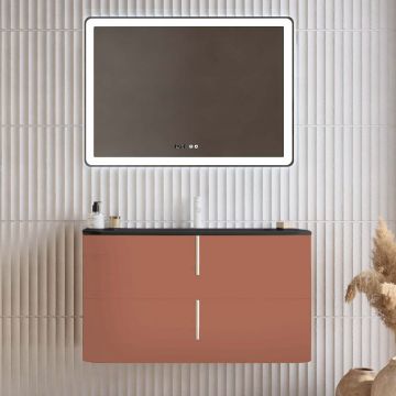 Set mobilier baie suspendat caramiziu, lavoar negru mat, oglinda, 100 cm, SaviniDue Lyra