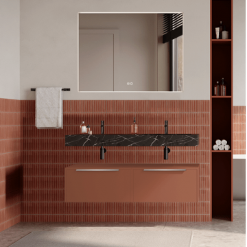 Set mobilier baie suspendat caramiziu, lavoar negru si oglinda, manere din otel inoxidabil, 120 cm, SaviniDue Iconica