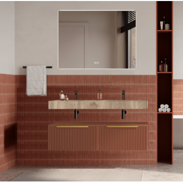 Set mobilier baie suspendat caramiziu, riflaje Cannetatto, lavoar imitatie lemn si oglinda, manere aurii, 120 cm, SaviniDue Iconica