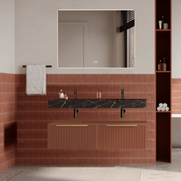 Set mobilier baie suspendat caramiziu, riflaje Cannetatto, lavoar negru si oglinda, manere aurii, 120 cm, SaviniDue Iconica