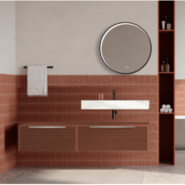 Set mobilier baie suspendat caramiziu, riflaje Dogato, lavoar alb si oglinda rotunda, manere otel inoxidabil, 140 cm, SaviniDue Iconica