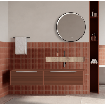 Set mobilier baie suspendat caramiziu, riflaje Dogato, lavoar imitatie lemn si oglinda rotunda, manere otel inoxidabil, 140 cm, SaviniDue Iconica