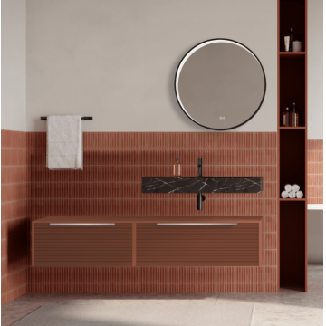Set mobilier baie suspendat caramiziu, riflaje Dogato, lavoar negru si oglinda rotunda, manere otel inoxidabil, 140 cm, SaviniDue Iconica