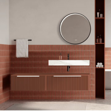 Set mobilier baie suspendat caramiziu, riflaje Plissetatto, lavoar alb si oglinda rotunda, manere albe, 140 cm, SaviniDue Iconica