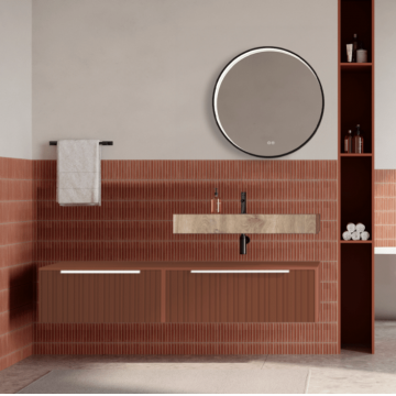 Set mobilier baie suspendat caramiziu, riflaje Plissetatto, lavoar imitatie lemn si oglinda rotunda, manere albe, 140 cm, SaviniDue Iconica