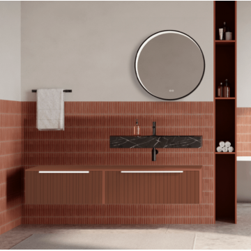 Set mobilier baie suspendat caramiziu, riflaje Plissetatto, lavoar negru si oglinda rotunda, manere albe, 140 cm, SaviniDue Iconica