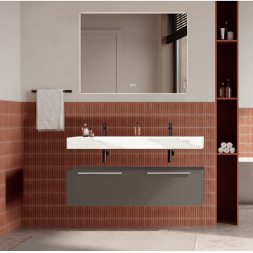 Set mobilier baie suspendat gri cenusiu, lavoar alb si oglinda, manere crom, 120 cm, SaviniDue Iconica