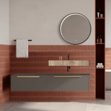Set mobilier baie suspendat gri cenusiu, lavoar imitatie lemn si oglinda rotunda, manere aurii, 140 cm, SaviniDue Iconica