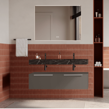 Set mobilier baie suspendat gri cenusiu, lavoar negru si oglinda, manere crom, 120 cm, SaviniDue Iconica