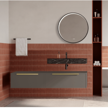 Set mobilier baie suspendat gri cenusiu, lavoar negru si oglinda rotunda, manere aurii, 140 cm, SaviniDue Iconica