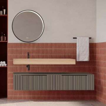 Set mobilier baie suspendat gri cenusiu mat cu lavoar imitație lemn și oglindă, cu riflaje Plissetatto, 160 cm, SaviniDue Iconica