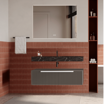 Set mobilier baie suspendat gri cenusiu, riflaje Cannetatto, lavoar negru și oglinda, manere albe, 100 cm, SaviniDue Iconica