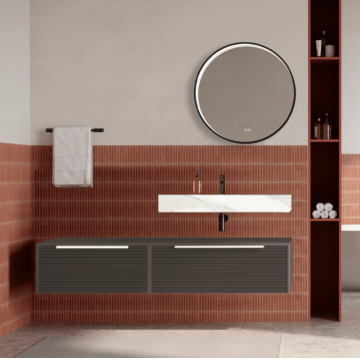 Set mobilier baie suspendat gri cenusiu, riflaje Dogato, lavoar alb si oglinda rotunda, manere albe, 140 cm, SaviniDue Iconica