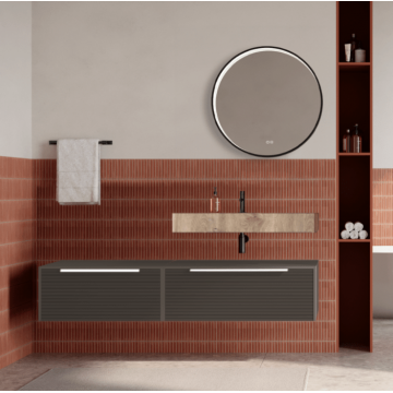 Set mobilier baie suspendat gri cenusiu, riflaje Dogato, lavoar imitatie lemn si oglinda rotunda, manere albe, 140 cm, SaviniDue Iconica