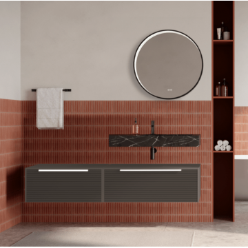 Set mobilier baie suspendat gri cenusiu, riflaje Dogato, lavoar negru si oglinda rotunda, manere albe, 140 cm, SaviniDue Iconica